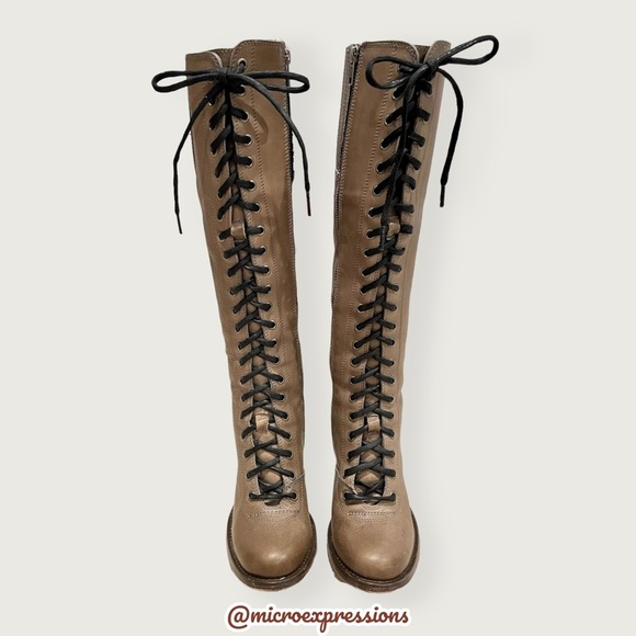 $599 Frye Julia Tall Lace Up Tan Beige Real Leather Military Zip Up Heeled Boots - Picture 2 of 14